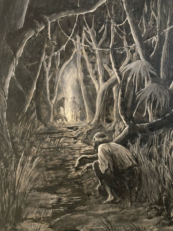 Belle Painting Gouache On Cardboard 1900 Foret Snake Nature Wood Fire Man Dog