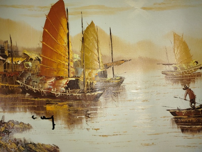 VTG Oil On Canvas Junk Boat Signed unknown artist 14×20” unframed.