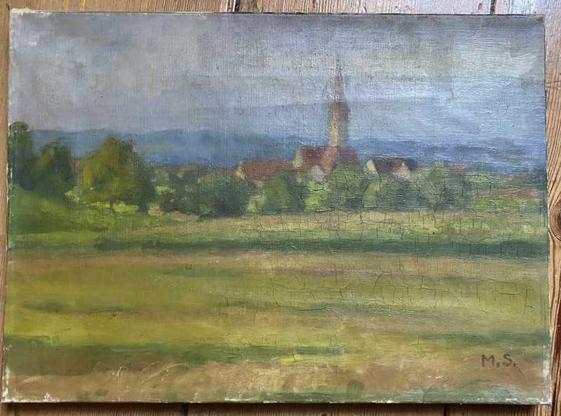 :OIL PAINTING LANDSCAPE WITH VILLAGE AROUND 1920 CHURCH ALPS MOUNTAINS CHURCH TOWER MONOGRAM