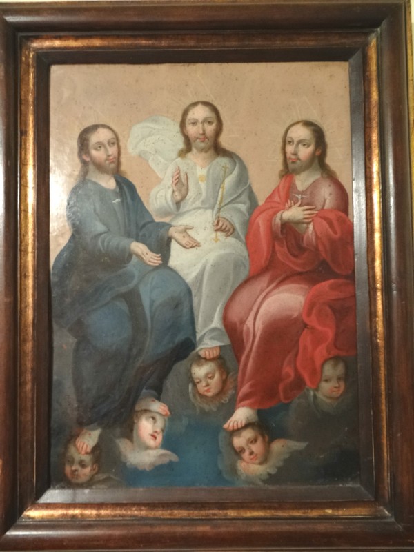 Mexican Spanish Rare Antique Colonial Oil on Copper Retablo Icon of Trinity 17th