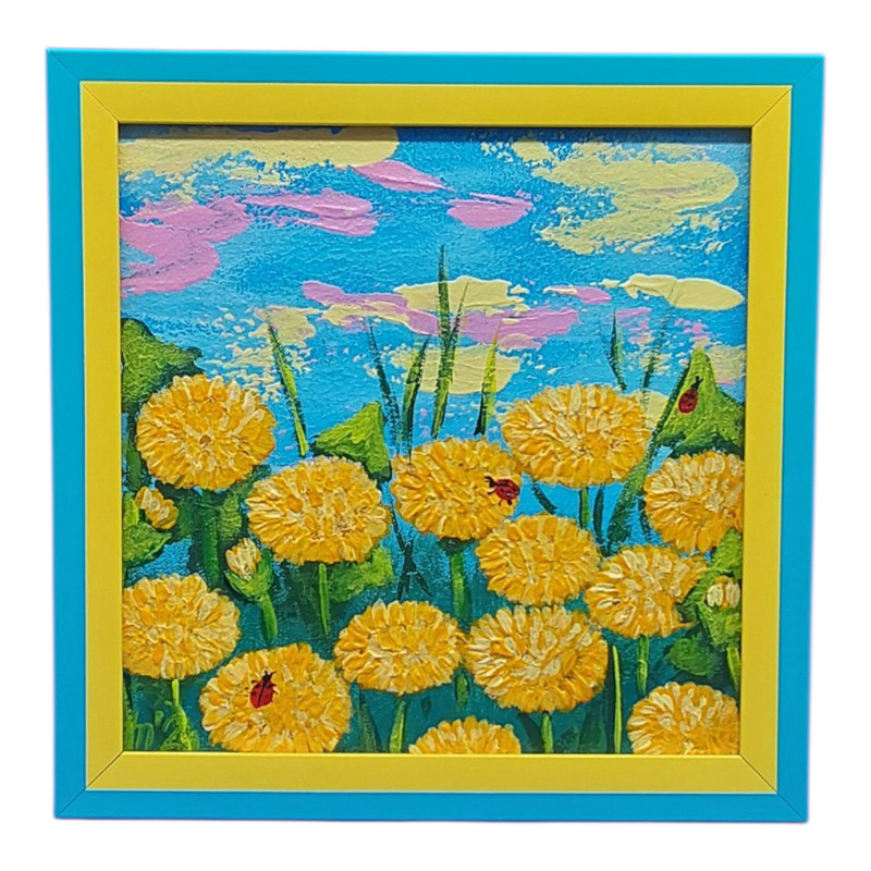 Dandelions Ladybug Wildflowers Original Painting Meadow Flowers Handmade 6×6