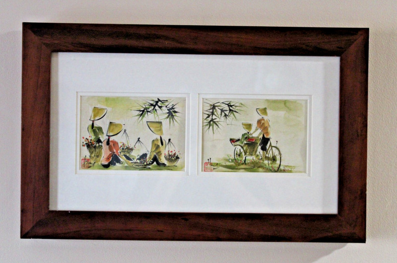 Vtg OOAK Asian Watercolor on Rice Paper Diptych Signed Vietnamese Scene