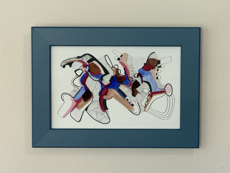 Original Abstract Ink & Watercolor Painting “Crimson Circuit” Framed, Signed