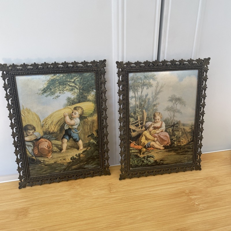 Pair Antique Italy Milan Silk Print Brass Filigree Frame