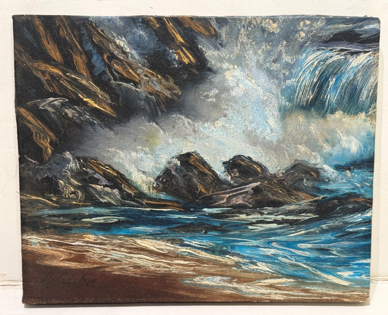 SKIBA SIGNED BLUE RIVER FALLS ROCKS SEASCAPE OIL PAINTING VINTAGE. 8″ X 10″ ART