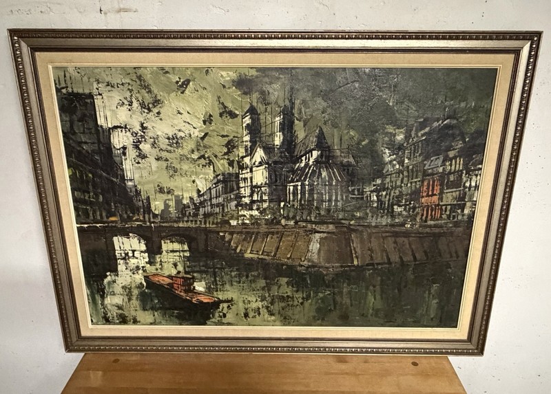 Vintage MCM Expressionist “Paris” Bernard Buffet Style Framed Oil Painting 41×29