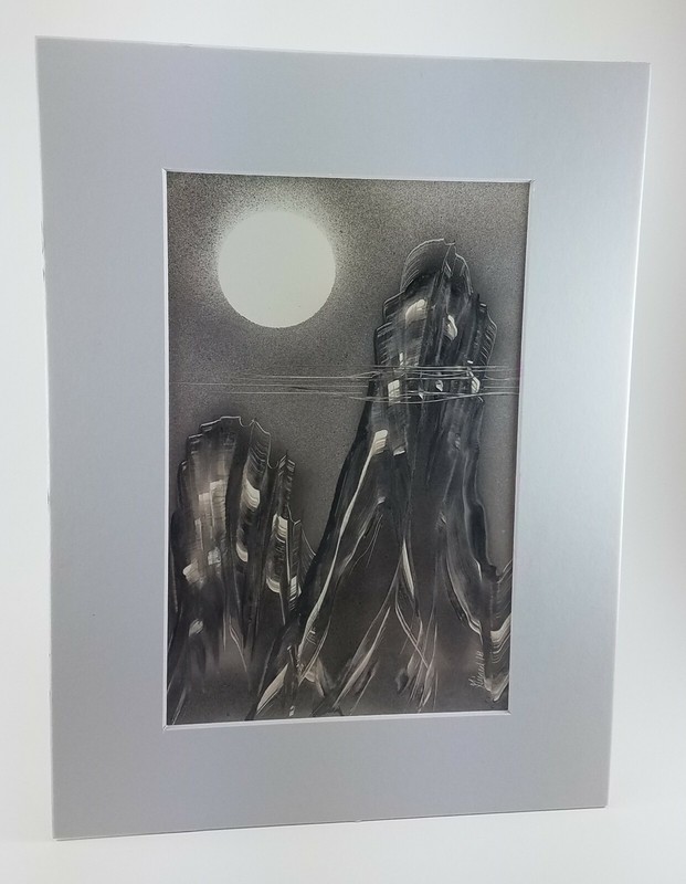 Hand Painted Night Moon Landscape Art by artist Jason Girard comes with a matte.