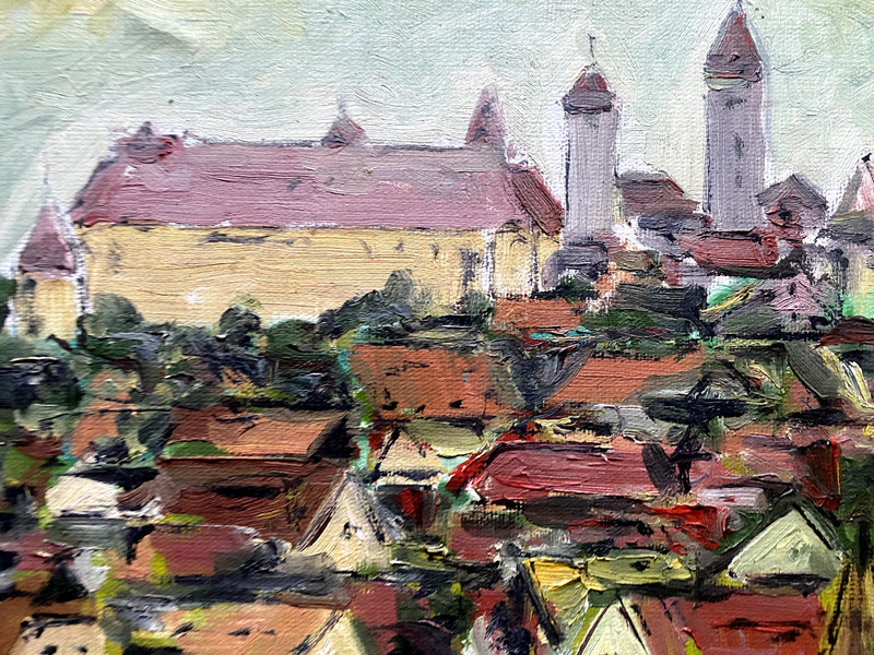 :OIL PAINTING CASTLE HARBURG SWABIA GIANT ° SIGNED KAMINSTKY ANTIQUE MEDIEVAL gallery