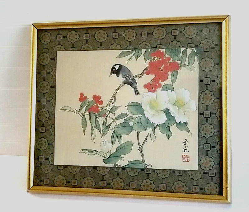 Vintage Chinese SILK PAINTING Textile Border Bird Tree Flowers 17x15 Gold Frame gallery