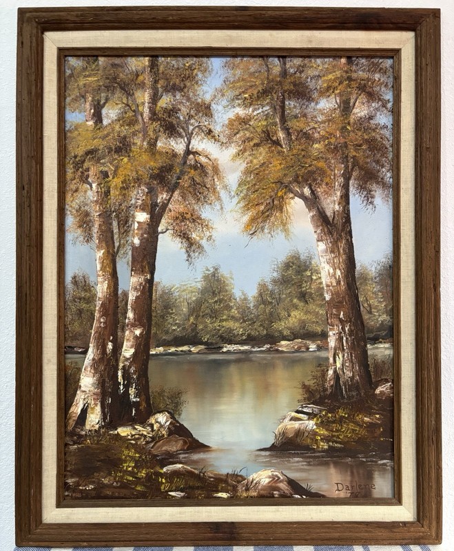 Original Oil Painting On Canvas Nature Scene 3 Trees River Signed Framed 18×24