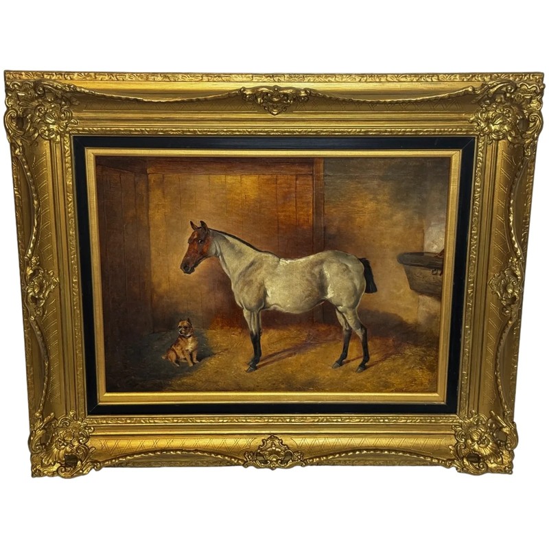 Victorian Masterpiece in Oil Strawberry Roan Hunter Horse IN Stable with Terrier