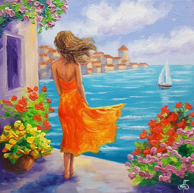 Original Oil Painting Woman Orange Dress Sea Breeze Floral Canvas Impressionist