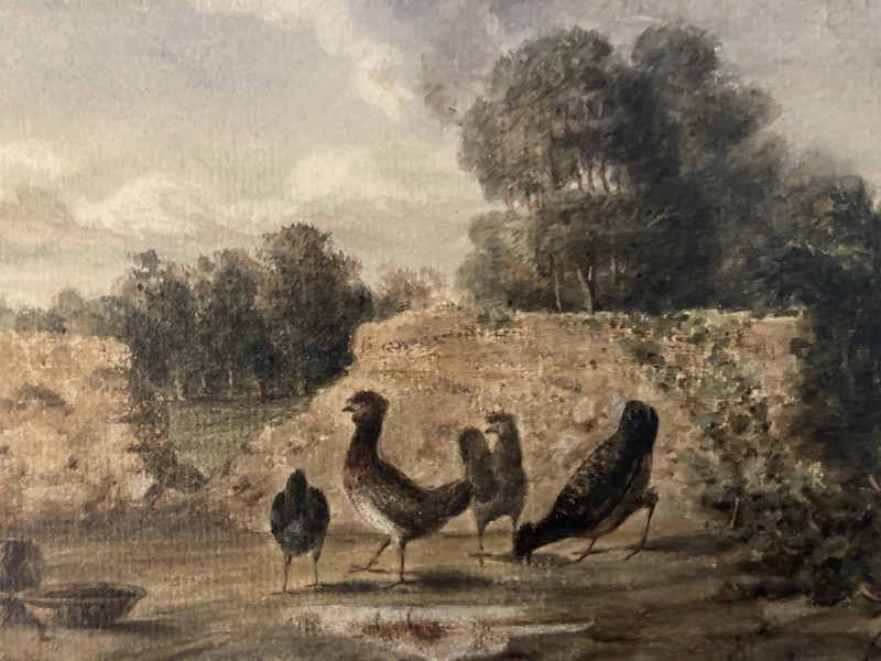 Beautiful Oil Painting Paper 1850 Hen Farm Backyard Charles DE LAREMBERGUES