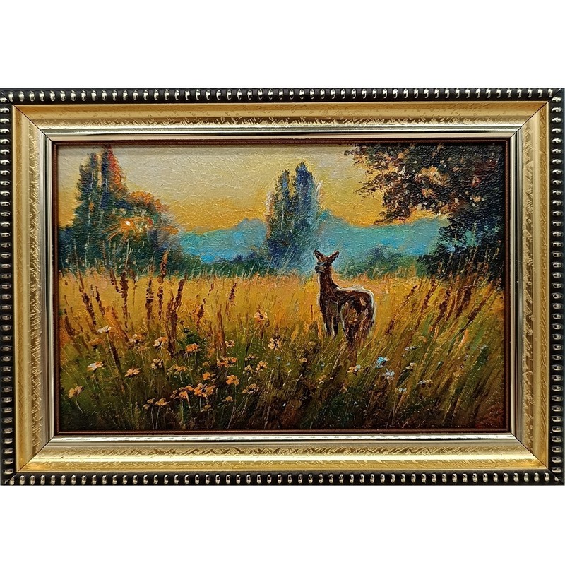 Deer Original Oil Painting 6×4 Framed Signed Fawn Landscape Sunset Wildflower
