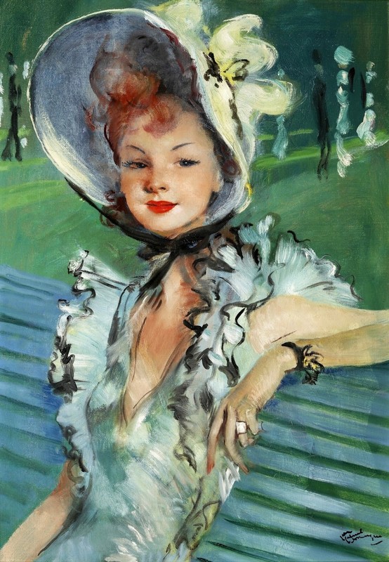 Jean-Gabriel Domergue Signed Oil Painting on Canvas 16×24 in Art Deco ..
