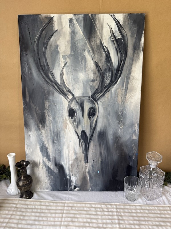 Large 36×24 Abstract Deer Skull Painting Black White Can. Modern Rustic Wall Art