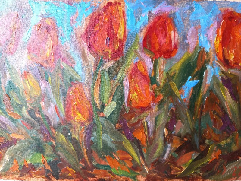 Original Painting red tulips Art Impressionistic Oil 13,38 x 9.44in on cardboard