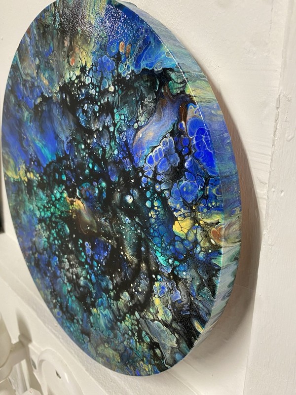 Round planet moon Abstract Blue Green Black Fluid Art Painting OOAK Unframed gallery