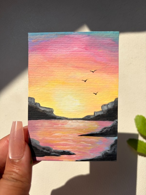 ACEO original oil painting, Pink Yellow Sunset Birds in the Sky (ATC, OOAK)