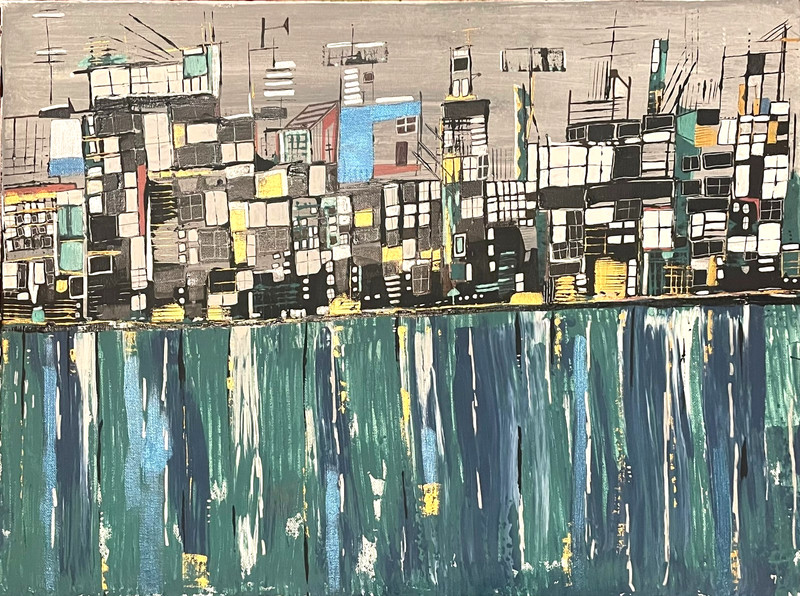 Original 18×24″ coastal City architecture Canvas painting by Lynne Kohler