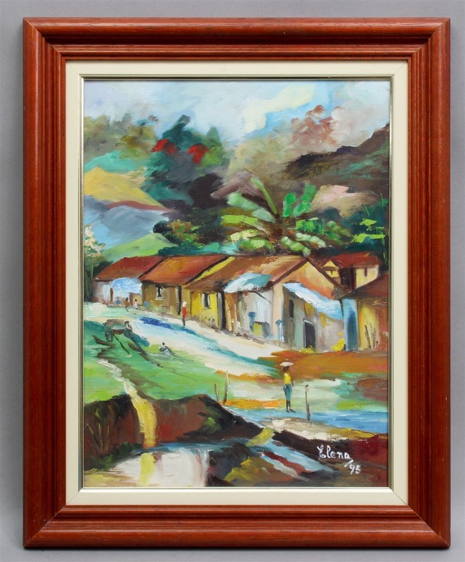 Framed Painting Oil on Canvas Black Caribbean Art Haitian Village by Elena 1995