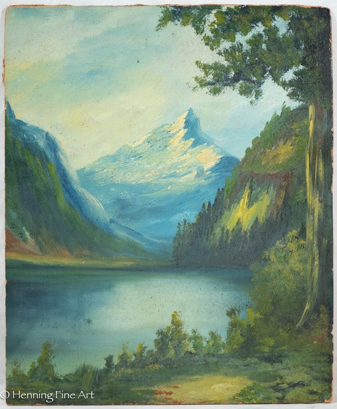 Beautiful Antique Oil Painting of Glacier Lake and Large Mountain 17×14″
