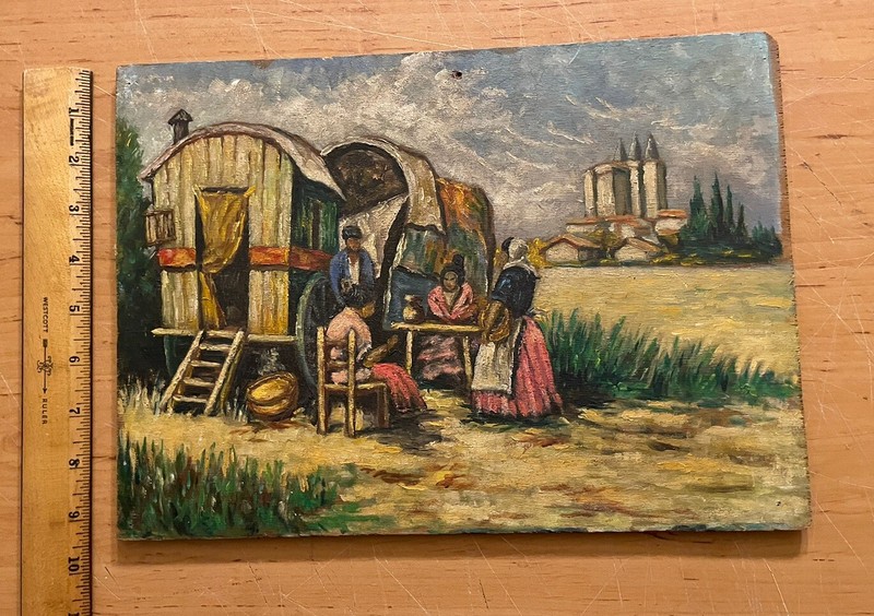 FERNAND AUDET (1923-2016) FRENCH IMPRESSIONIST OIL - GYPSY CARAVAN & FIGURES gallery