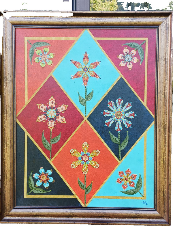 Vintage Oil Painting Abstract «Harlequin Garden» by Pam Davidson Studio 1990’s