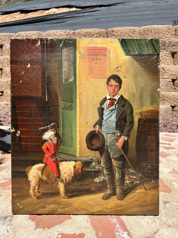 Oil Painting Boy Monkey Riding Dog Whimsical Folk Art European Scene 21”