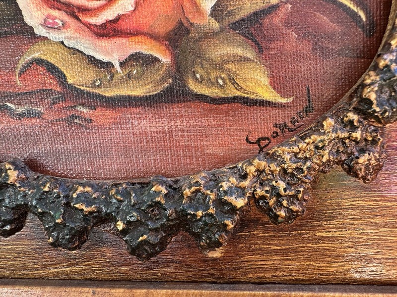 Vintage Signed Rose Painting Bark Texture Frame Rustic Cottagecore Woodland Art gallery