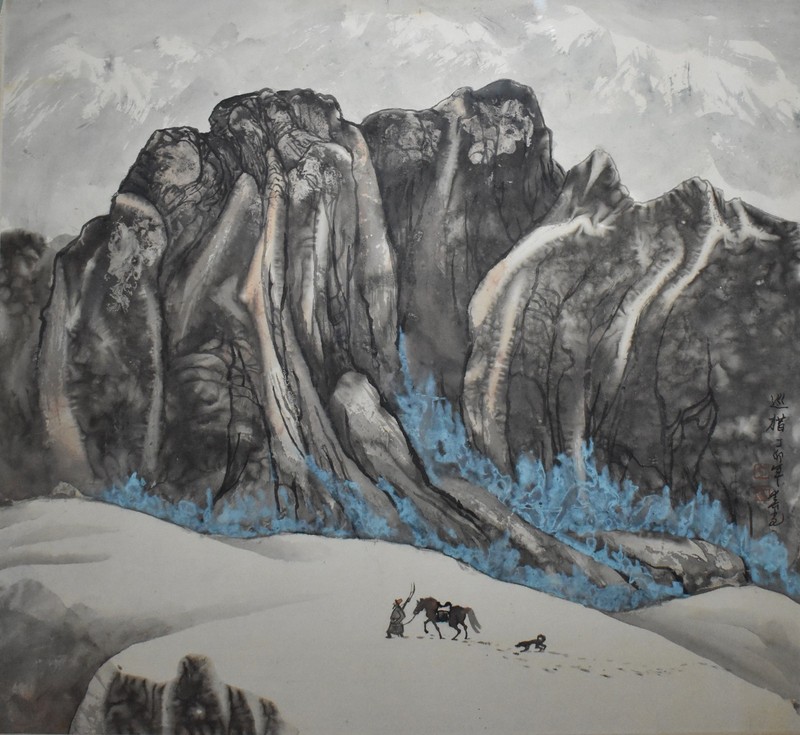 Chunguang Shu Signed Chinese Ink Painting on Paper-Hunter & Snowy Mountain