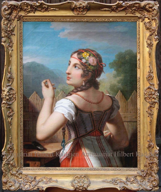 Large Oil Painting «Girl with Flowers in Hair» Canvas Frame ca 1840