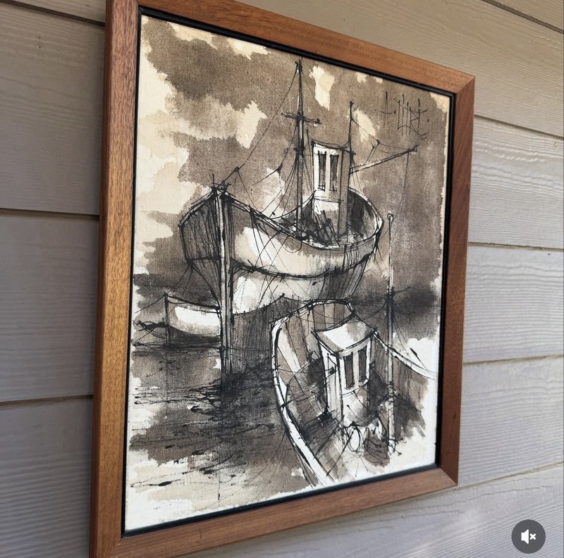 Mid Century Framed Signed Original Junk Fishing Boat Painting Canvas Vintage MCM gallery
