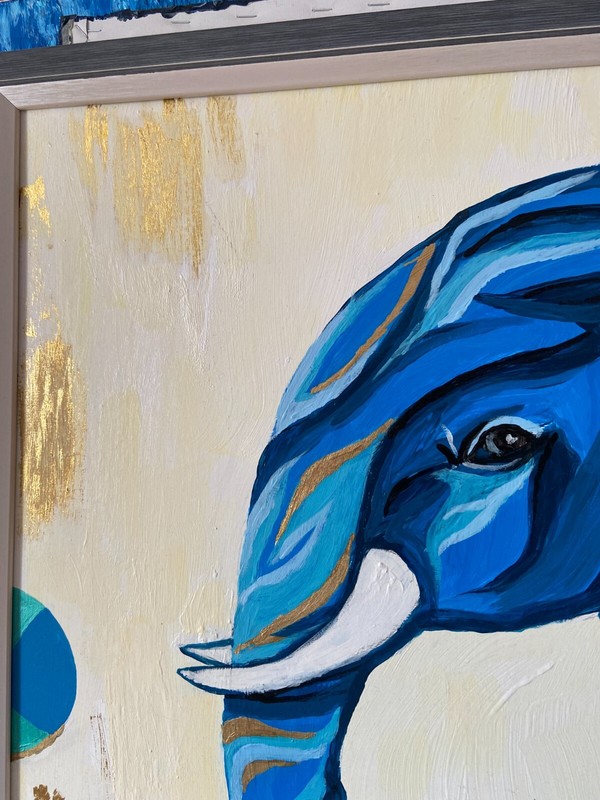 Blue elephant with balls, original acrylic painting gold leaf cardboard signed gallery
