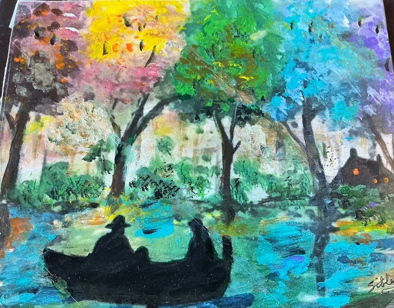 Original Handpainted Landscape Painting SERENE LAKE, As Is Slight Flaw