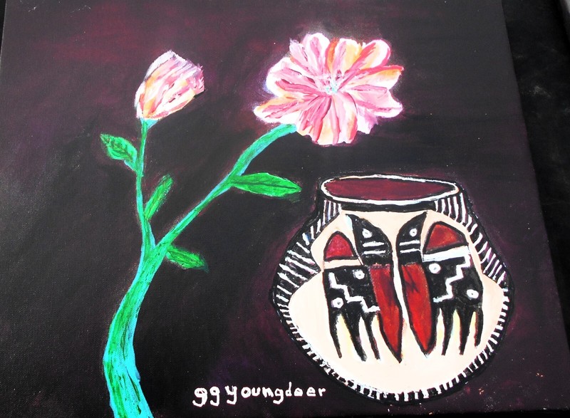 Acoma type bowl & Flower 11×14 canvas acrylic by gg Youngdeer Cherokee