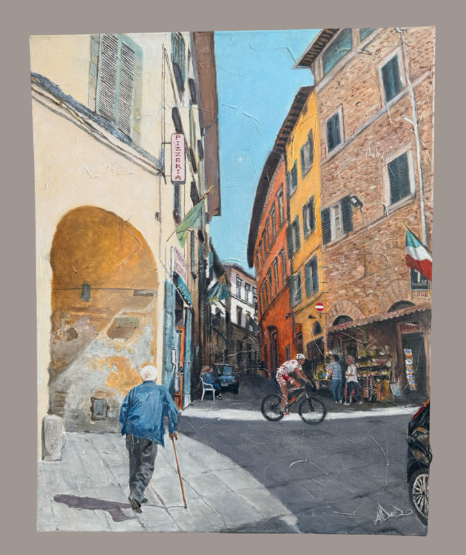 Original Italian Street Scene Painting Signed Alders 2011 “A Walk to Meet Friend
