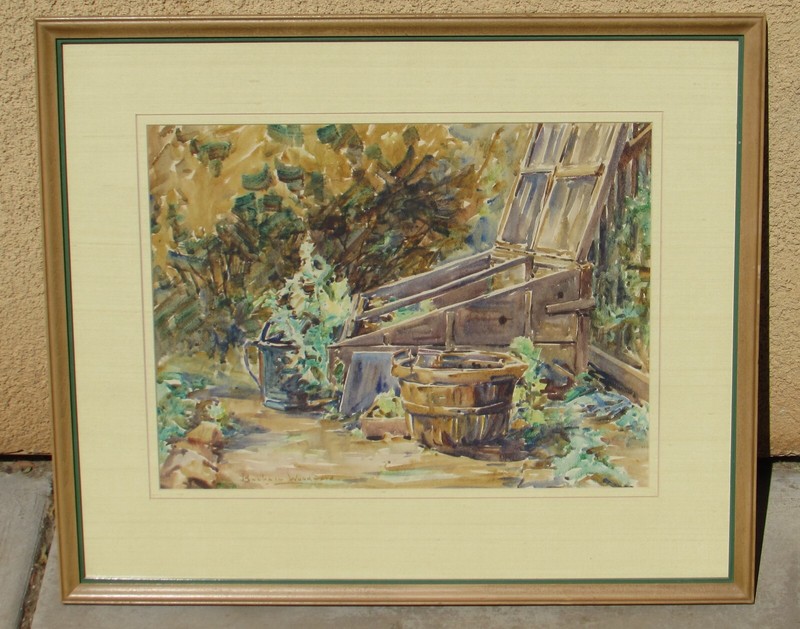 Barbara Woodward Circa 1940's Landscape w/foliage & vessels by a basement bunker gallery