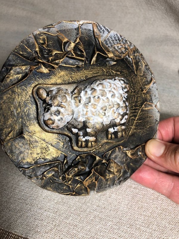 ORIGINAL Acrilic MINI PAINTING WITH SHEEP 3D ROUND EXCLUSIVE 5X5 inches