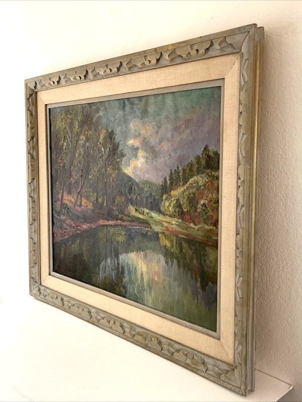 Antique Impressionist Painting 36x30" Colorful Art Deco Landscape signed gallery