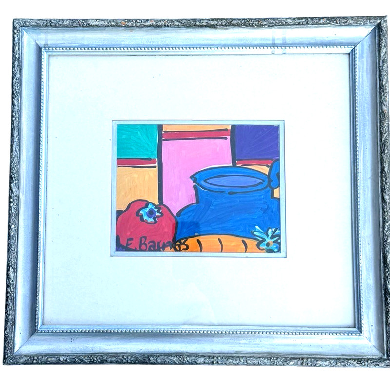 A.E. Barnes Original Painting Colorful Still Life Pot Pomegranate Framed