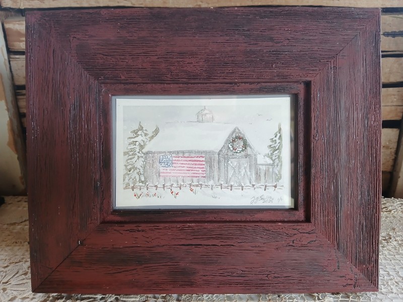 OOAK Original Watercolor Painting. Christmas Winter Barn W/ American Flag. Frame