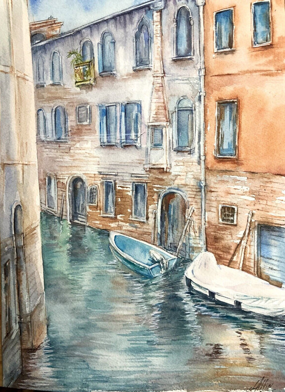 Italy Venice Board Reflection Watercolor Original Painting