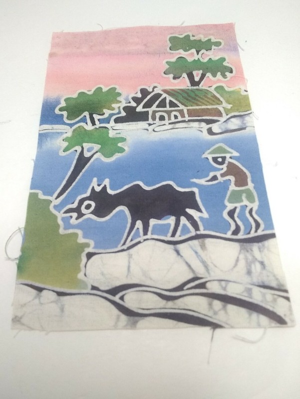 Indonesian Batik Fabric Painting of waterfront village w/ water buffalo, Estate