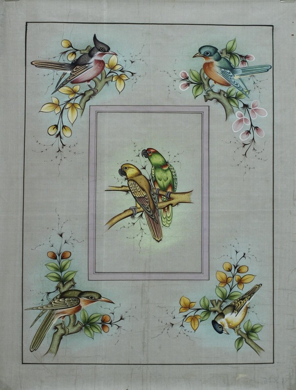 Birds Painting On Silk Cloth Handmade Wildlife Nature Art For Wall 16×21 Inches