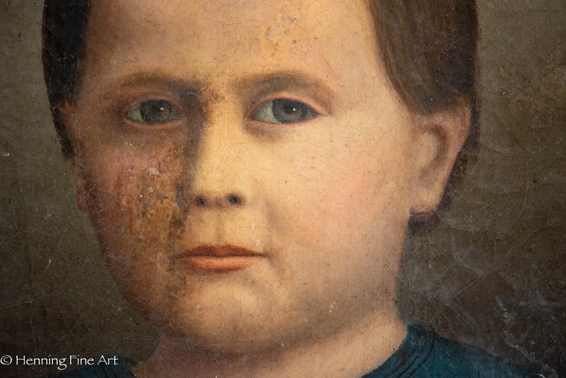 Outstanding Antique Children Boy Portrait Oil Painting 19th Century, Repairs gallery