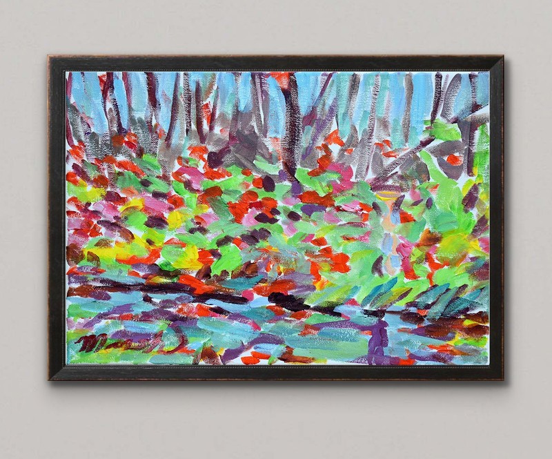 Original Abstract 11×14 Impressionist Floral Pond Acrylic Canvas Signed Decor