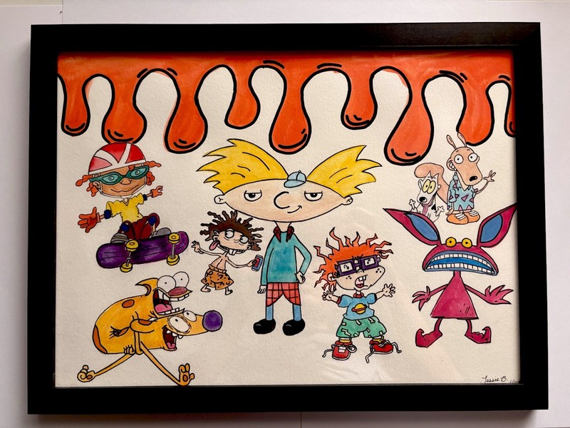 Original 90s Nickelodeon Characters Watercolor 16×12 Framed