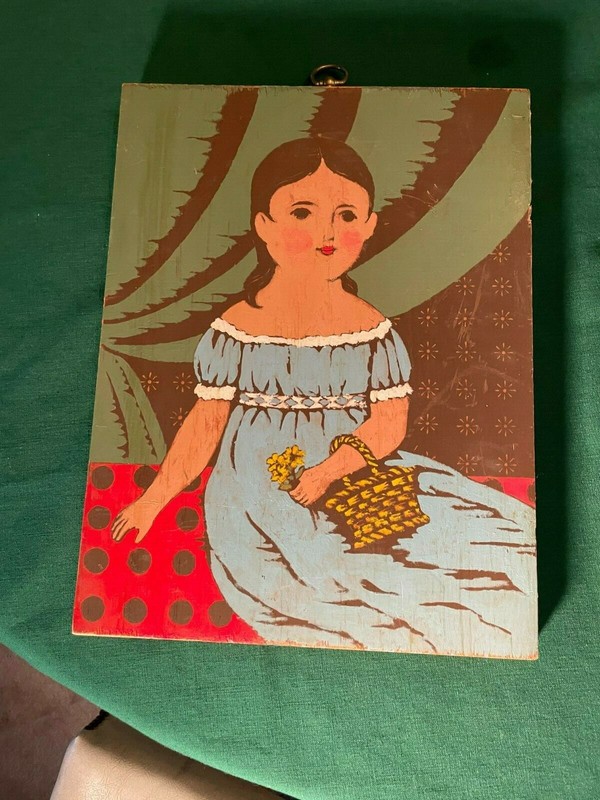 Primitive oil painting on pine wood panel signed Lee Larrison 1964 ypung girl