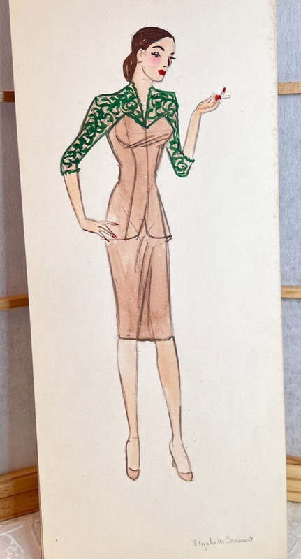 Vtg 1940s Fashion Design Hollywood Lady Watercolor Ink Original 6″X14″ Signed